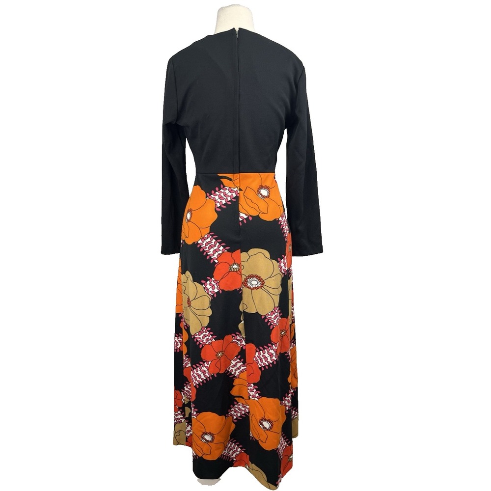 Vintage 70s Sears Psychedelic Maxi Dress Small Medium Floral Black Red Orange - Picture 4 of 8